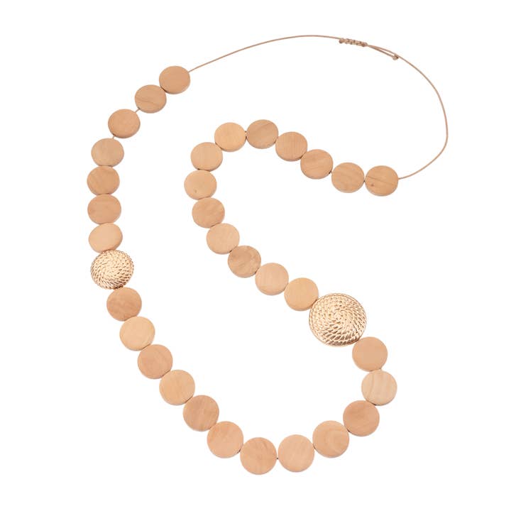VERITY long adjustable necklace w/ flat wooden & brass beads for wholesale by Blue Scarab