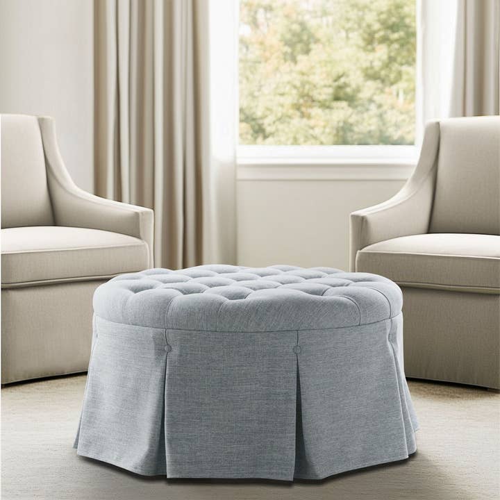 Olliix - Wholesale Ottoman - 32" Light Blue Skirted Button Tufted Round Ottoman
