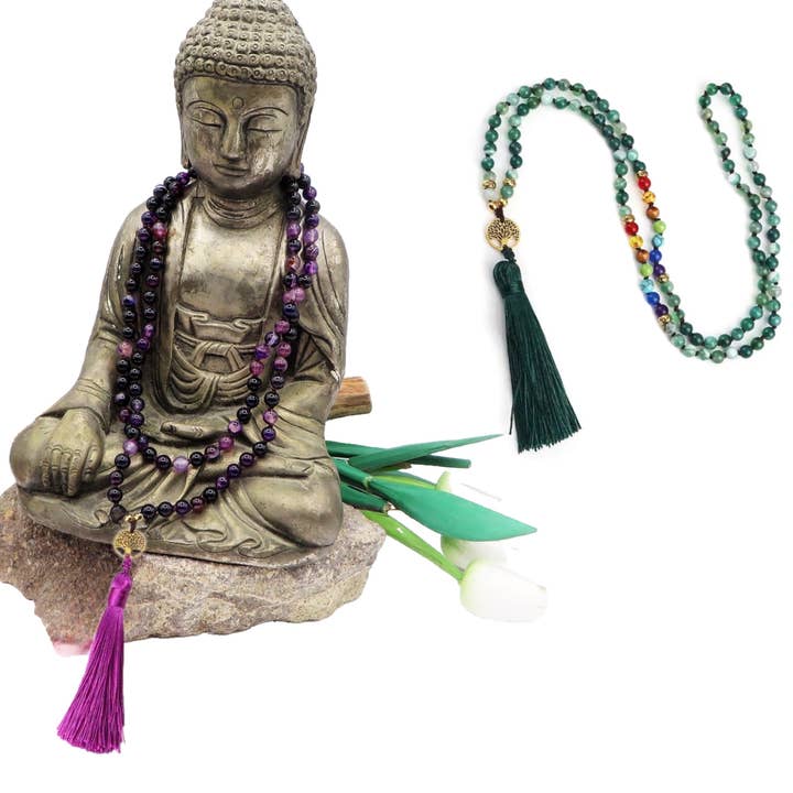 Atisha Spiritual Shop - Wholesale Beaded/Pearl Necklace - LHAMO ~ JAPAMALA 108 beads in FIRE AGATE, PURPLE AGATE AND MULTICOLOR STRIPED AGATE, LAPIS LAZULI AGATE7