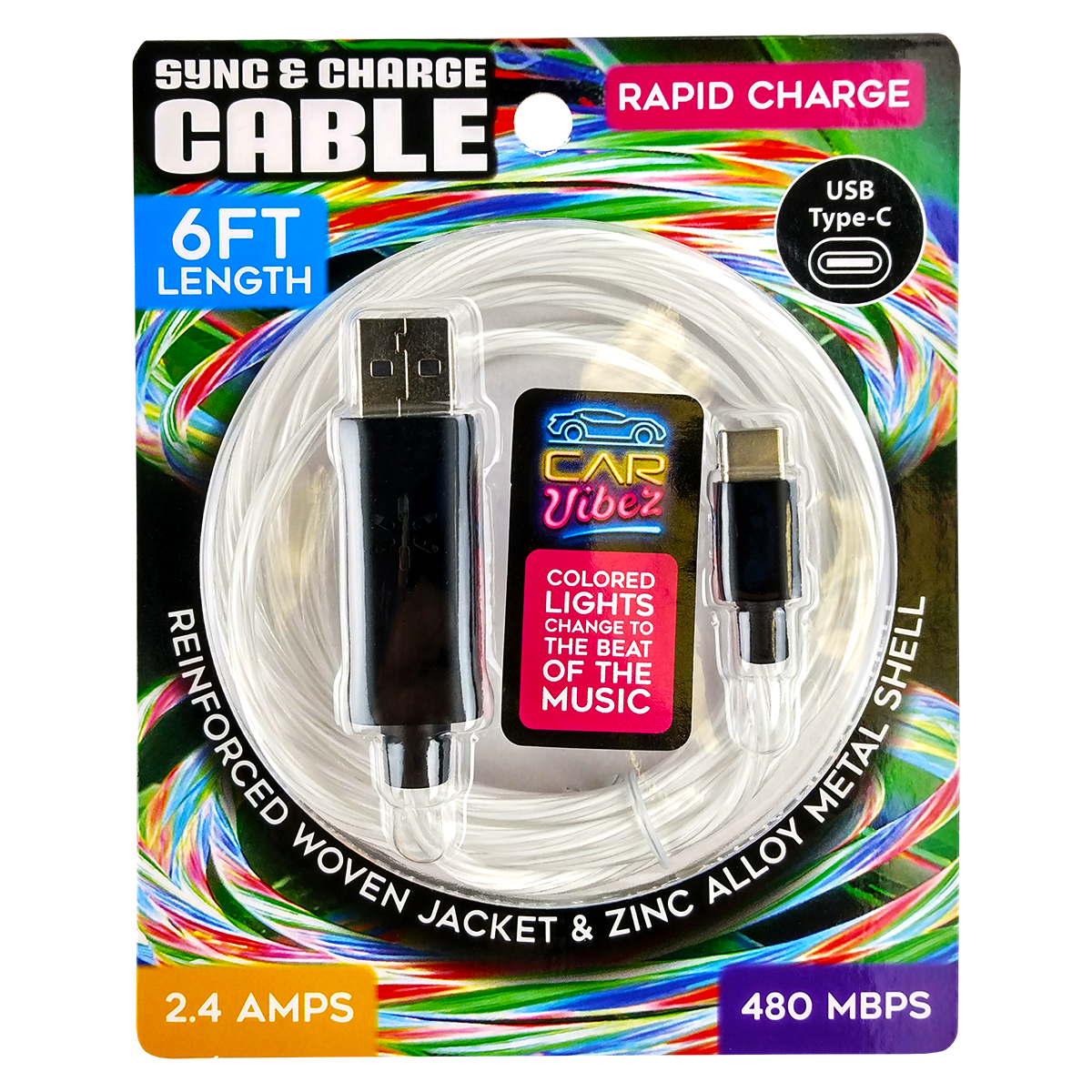 Novelty Closeout - Wholesale Charging Cable - Charging Cable USB to USB-C LED Light Up 6 Ft- 4/Pack1