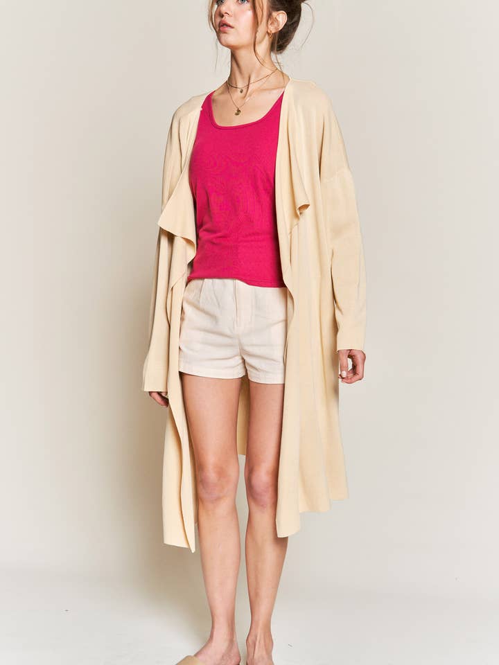 Cardigan aperto lungo con spallucce P90108 per la vendita all'ingrosso da parte di Petal Dew