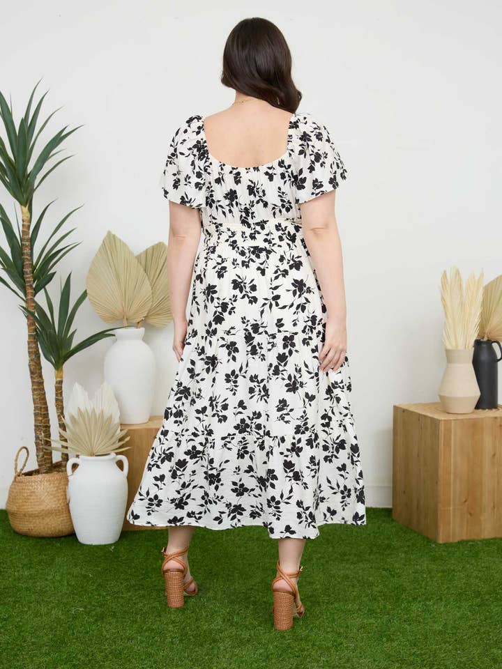 Blu Pepper - Wholesale Dress - Women's - PLUS FLORAL SCOOP NECK FLOUNCE SLEEVE MIDI DRESS