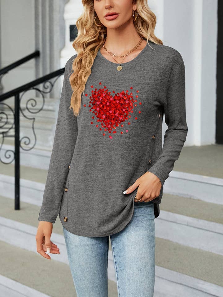 Valentine's Day Red Heart Pattern Casual Long Sleeve Top for wholesale by Lovesoft