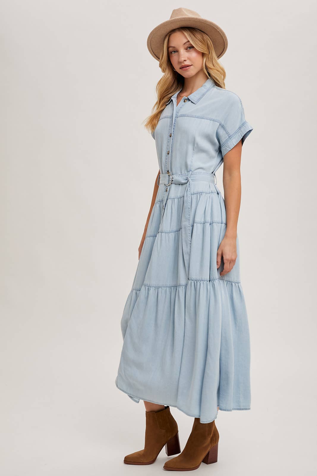 Bluivy - Wholesale Dress - Women's - BUTTON FRONT SHORT SLEEVED TIERED MAXI DENIM DRESS14