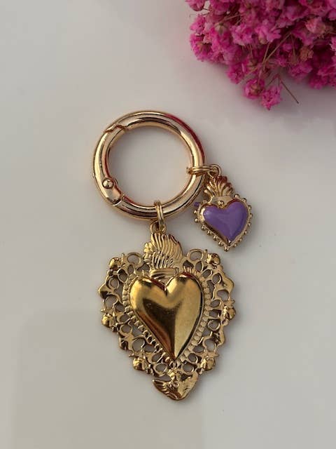 Miss DJ Angel - Wholesale Keychain – Women's - Ex-voto sacred heart charms, ex-voto bag charms, sacred heart charms gift for women, golden and purple heart charms.1
