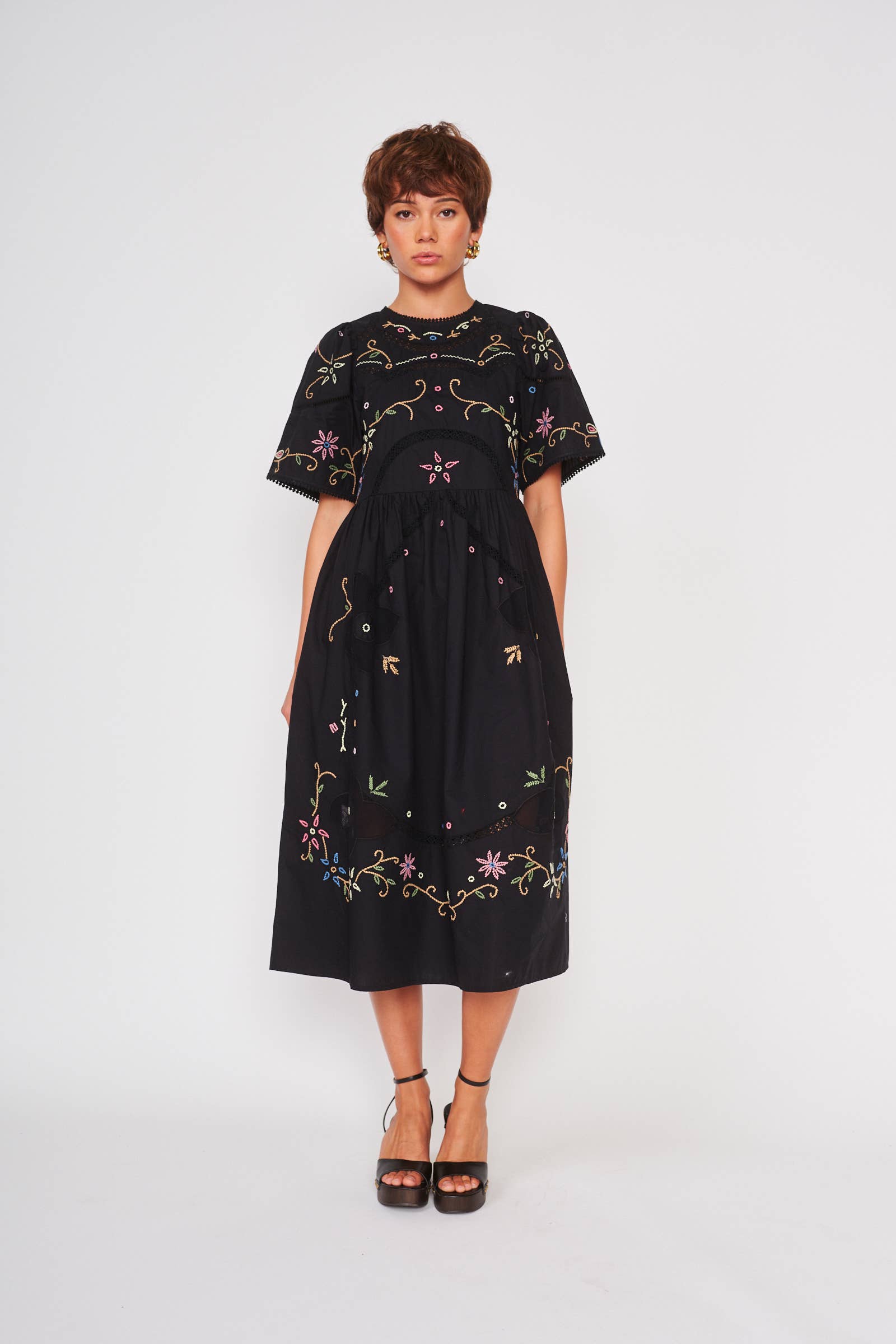 BLACK EMBROIDERY PALM DRESS - DS1677A for wholesale on Faire