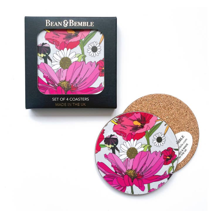 Coasters Box Set Round Melamine Wood Summer Poppies Grey Floral for wholesale by Bean and Bemble