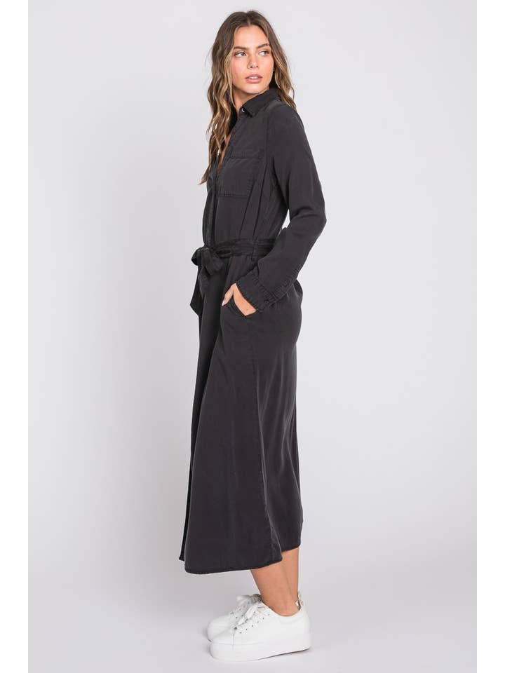 BLACK Denim Midi Shirt Dress-Black for wholesale on Faire
