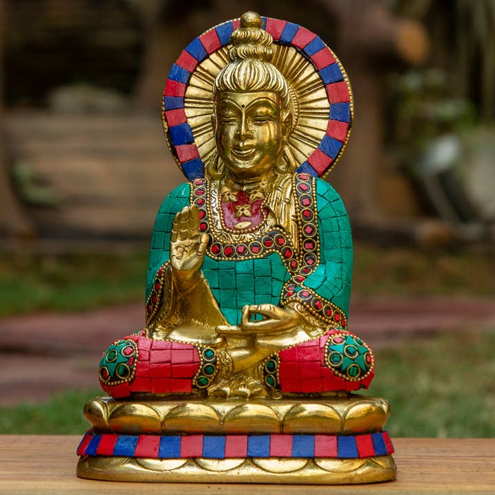 Statue de Bouddha Amoghasiddhi en bronze avec incrustation de pierres pour la vente par Art Of Tibet