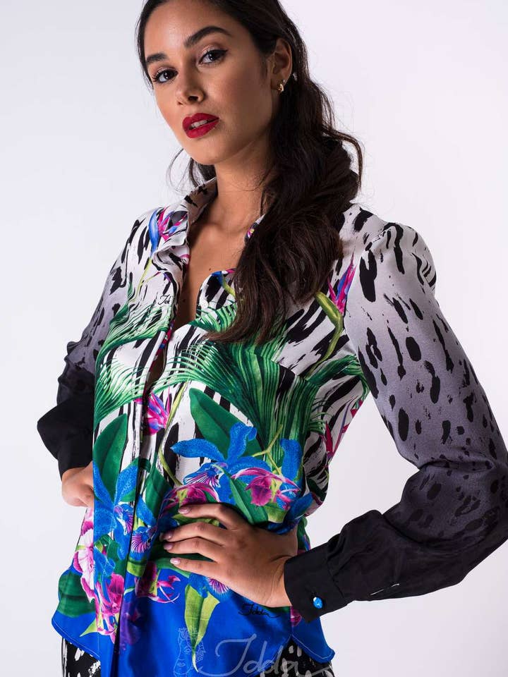 Camisa de crepé de China de seda con estampado floral moteado para venta al por mayor de IDDA