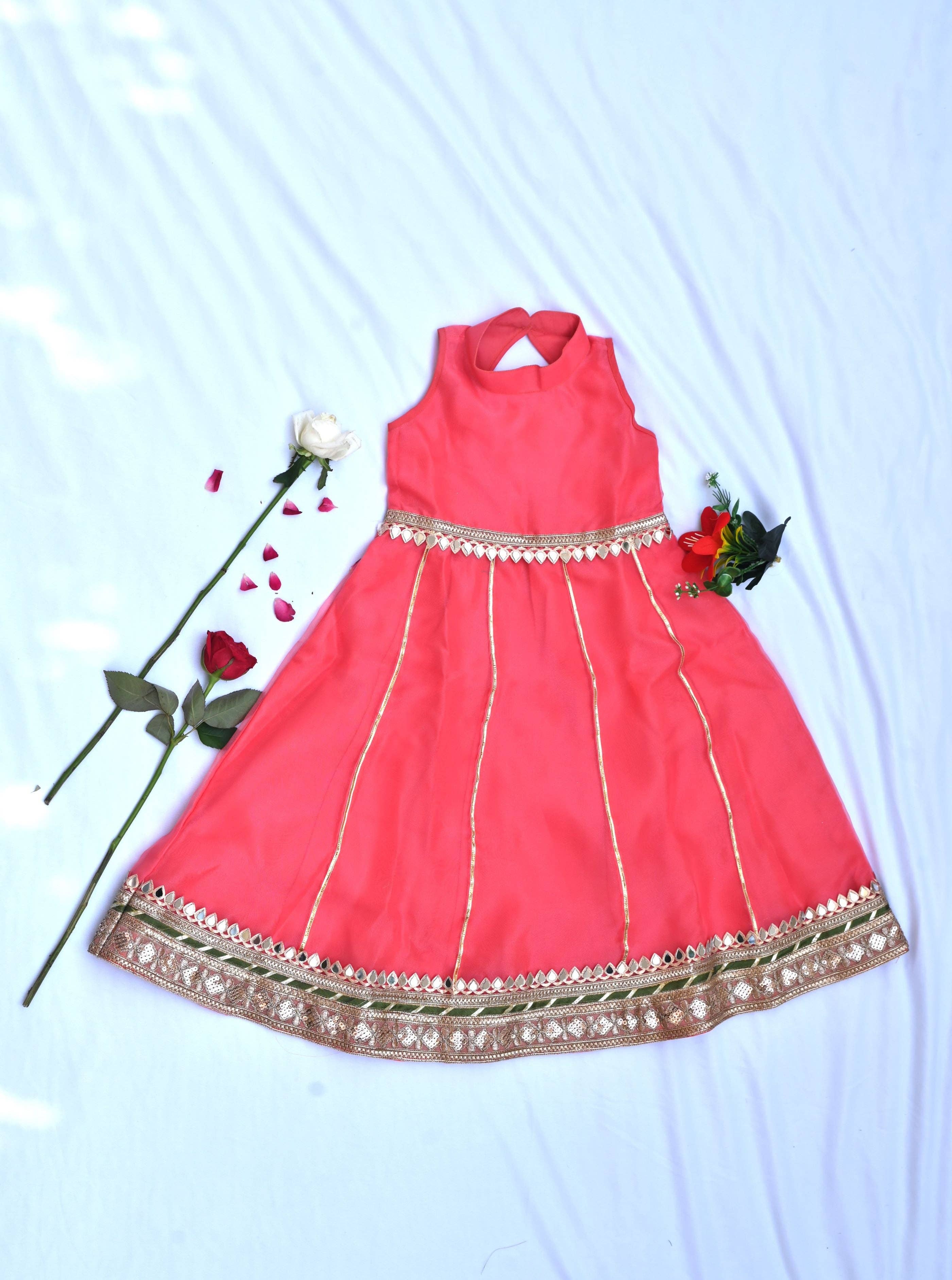 House of Amaya – wholesale Dress – Kids – Coral long dress for girls with green dupatta3
