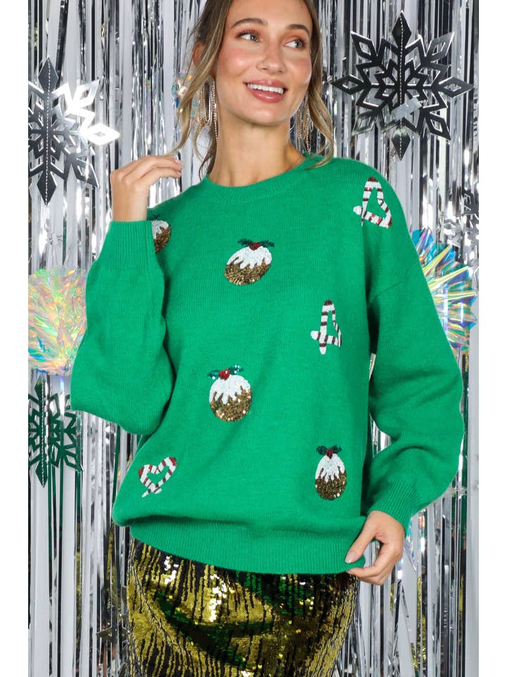 Vine & Love - Wholesale Sweatshirt - Women's - Sparkling Candy Cane Ornament Sequin Sweater VT826717