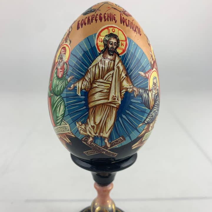 Golden Cockerel - Wholesale Decorative Tabletop Object - Vintage Panoramic Orthodox Icon Egg