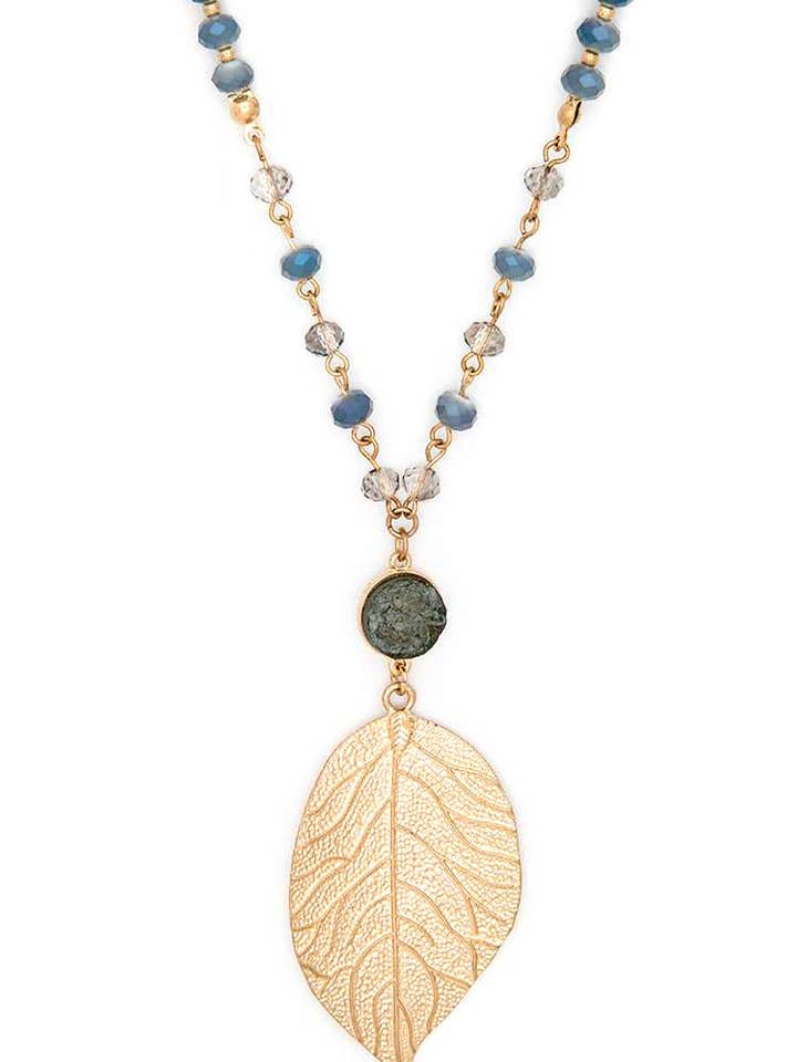 Textured Leaf Pendant Long Station Crystal Necklace for wholesale by Artini Accessories
