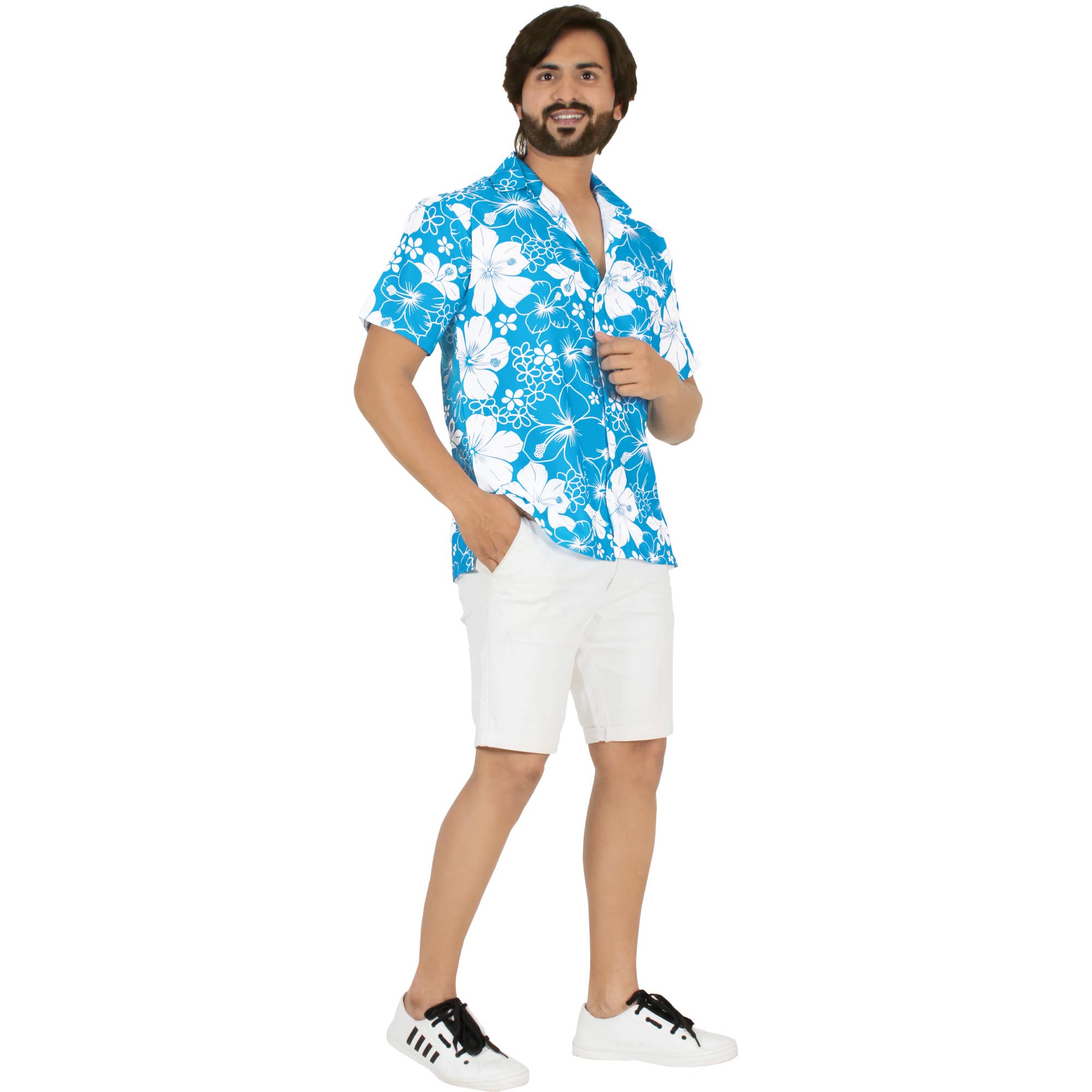 Teal Blue Hibiscus Floral Beach Hawaiian Shirt Men P00021 for wholesale on Faire3