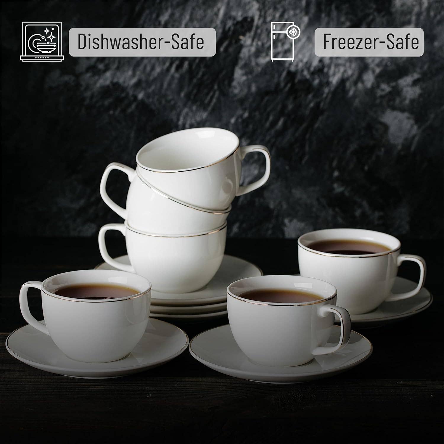 Brew To A Tea - Wholesale Tea Set - BTaT- Tea Cups and Saucers with Gold Trim, Set of 6, 7oz2