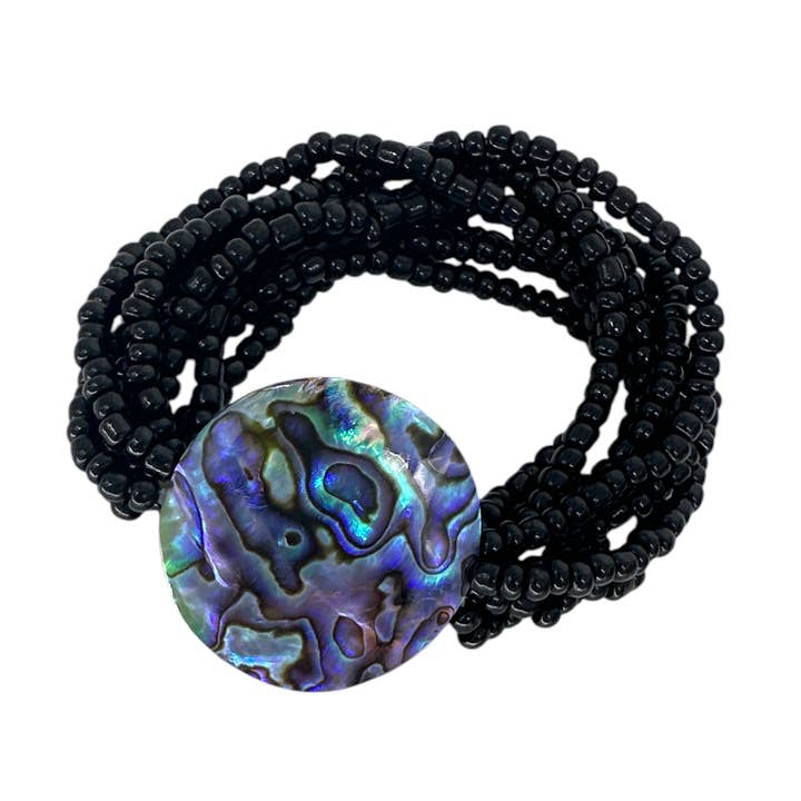 Pulseira Elástica com Contas e Disco de Concha Paua Abalone Preta por atacado de Maka Imports