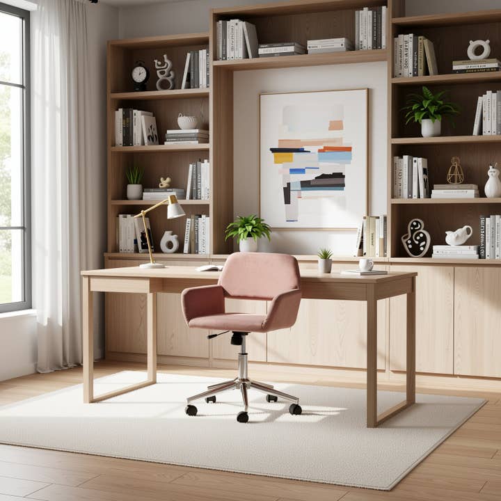 ROSS Velvet Swivel Desk Chair with Arms, Adjustable Height Task Chair on Wheels, Chrome Base, Blush Pink for wholesale by HOMYCASA DESIGN INC