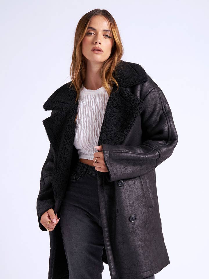 Black Mid Length Bonded Coat for wholesale by Urban Bliss