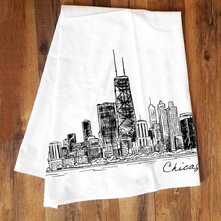 Chicago Waterfront Skyline Tea Towel for wholesale by Corvidae drawings & designs