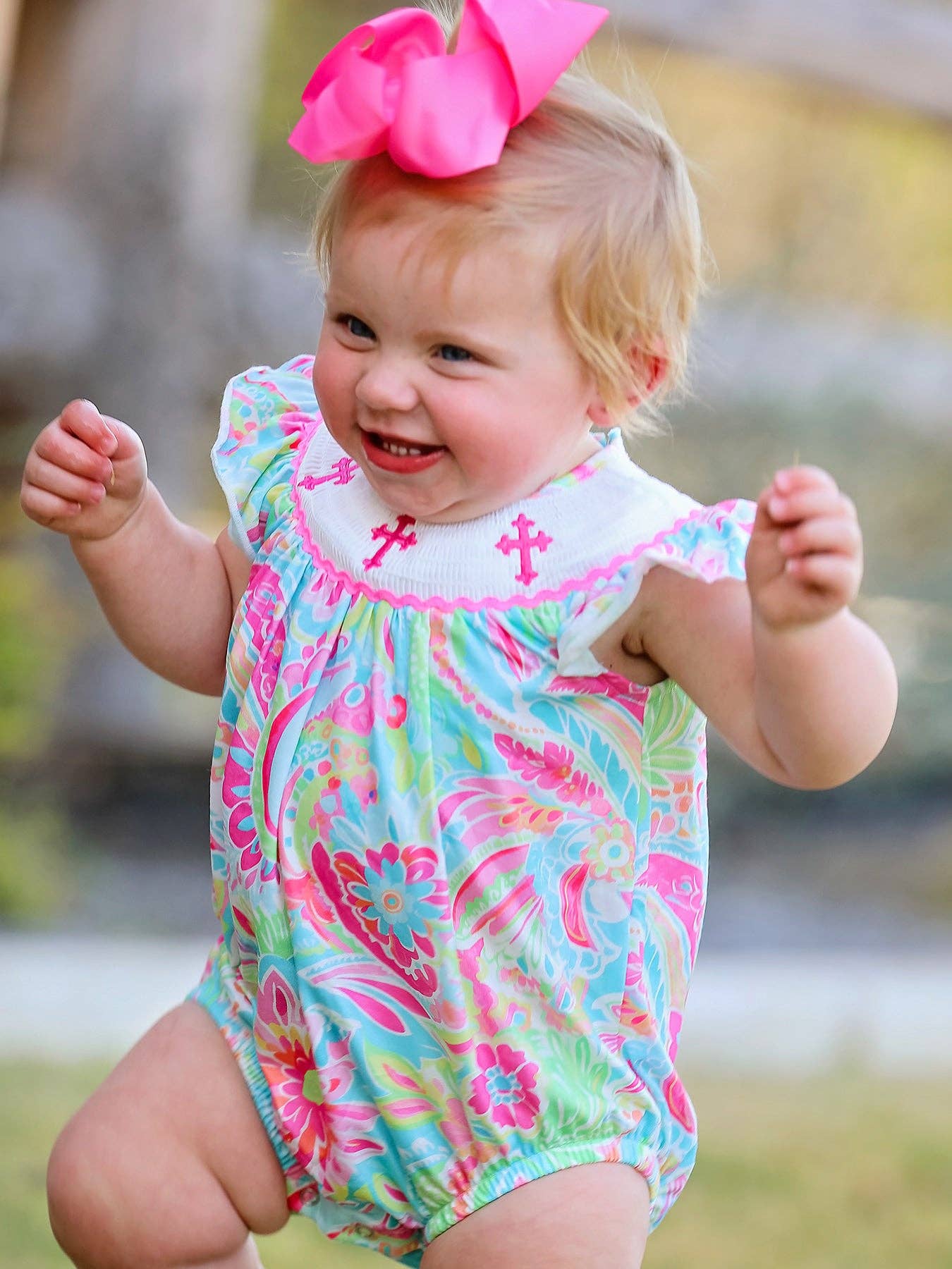 Rylee Faith Designs – wholesale Bodysuit (non-footed) – Baby – Easter Cross Smocking Embroidery Baby Girl Romper3