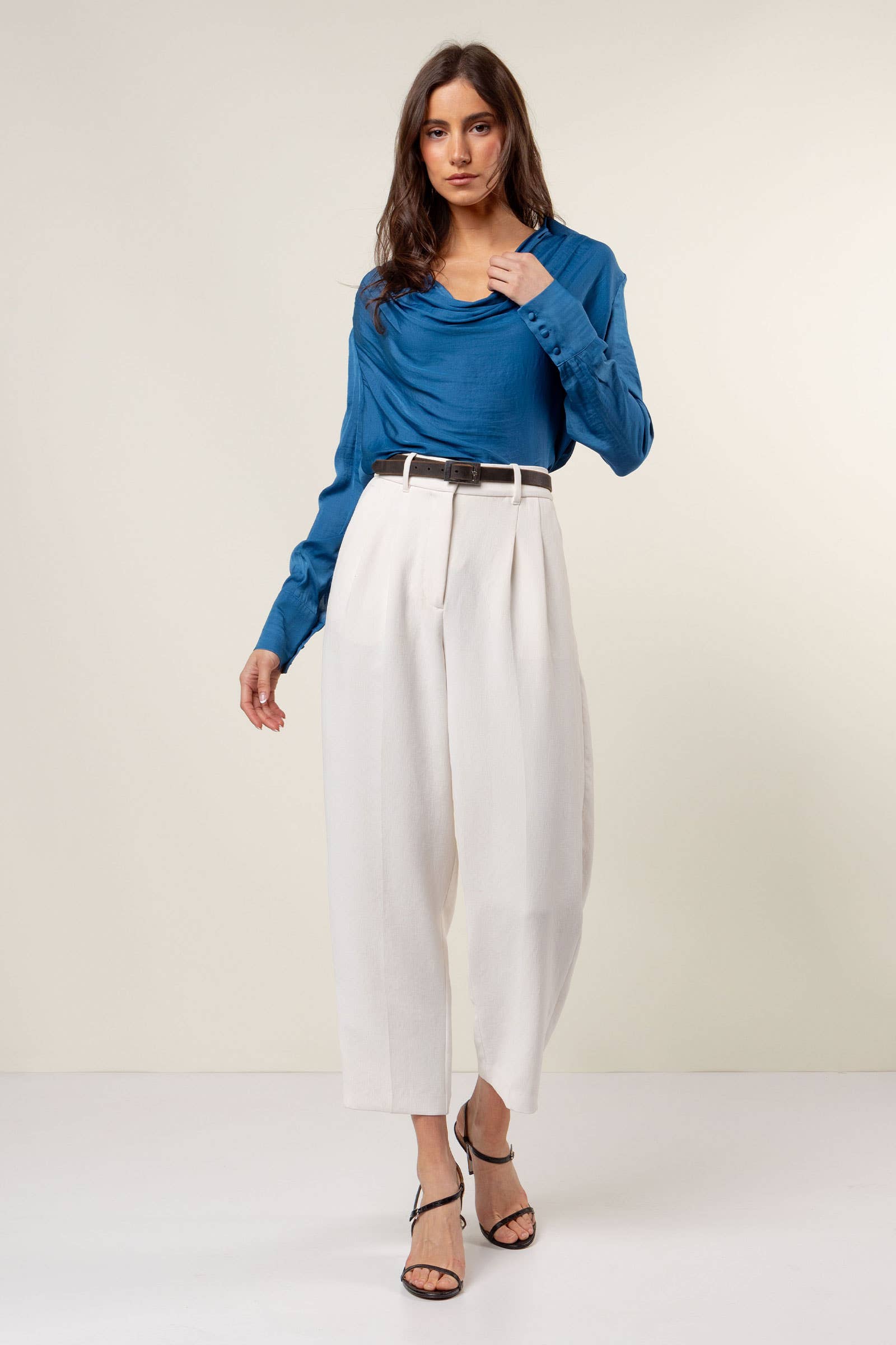 Naked Zebra - Wholesale Blouse - Women's - Draped Cowl Neck Blouse With Buttoned Cuffs2