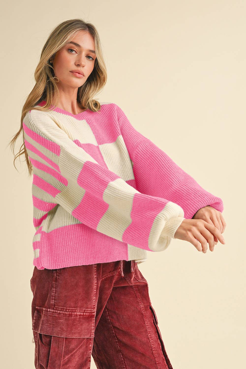 &MERCI - Wholesale Knit Sweater - Women's - OVERSIZED MIXED COLOR BLOCK SWEATER MSW106812