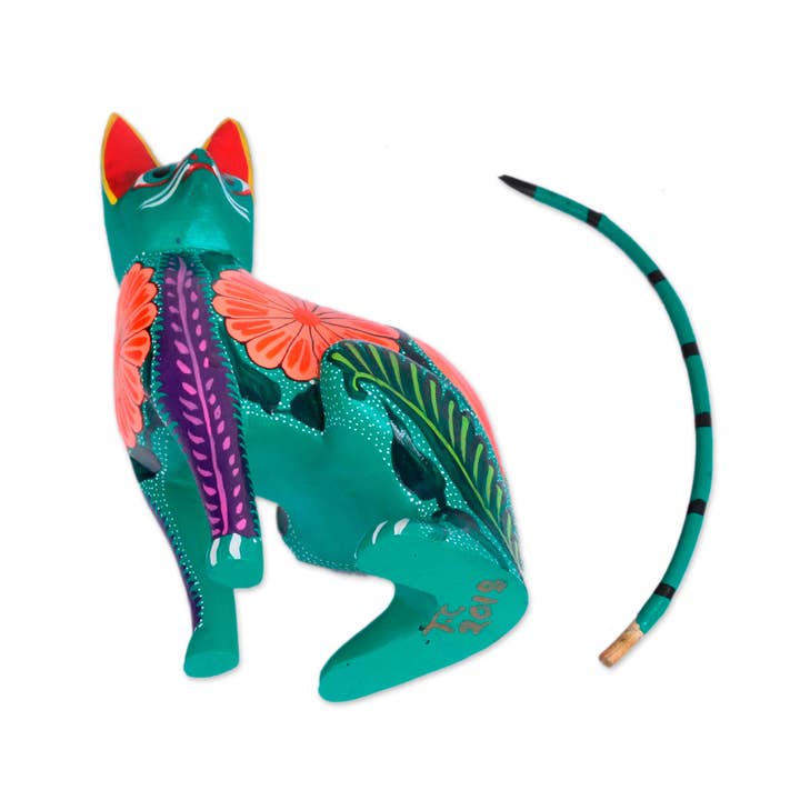 NOVICA - Wholesale Decorative Figurine - Novica Handmade Floral Feline Wood Alebrije Figurine4