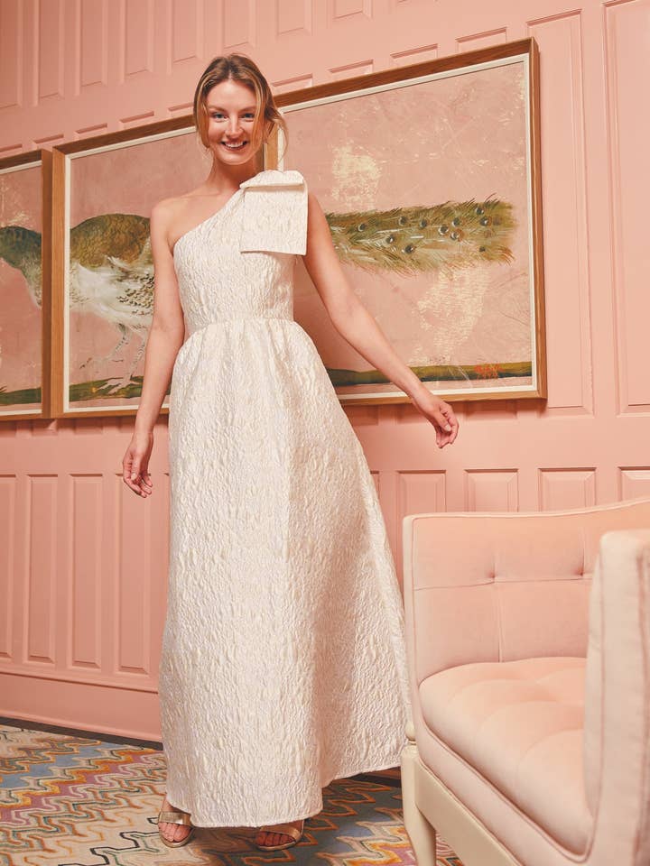 Caroline Gown White Bubble Jacquard for wholesale by Abbey Glass