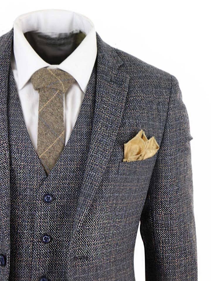 Armada Traje retro vintage de 3 piezas para hombre en tweed azul marino a cuadros de venta al por mayor en Faire