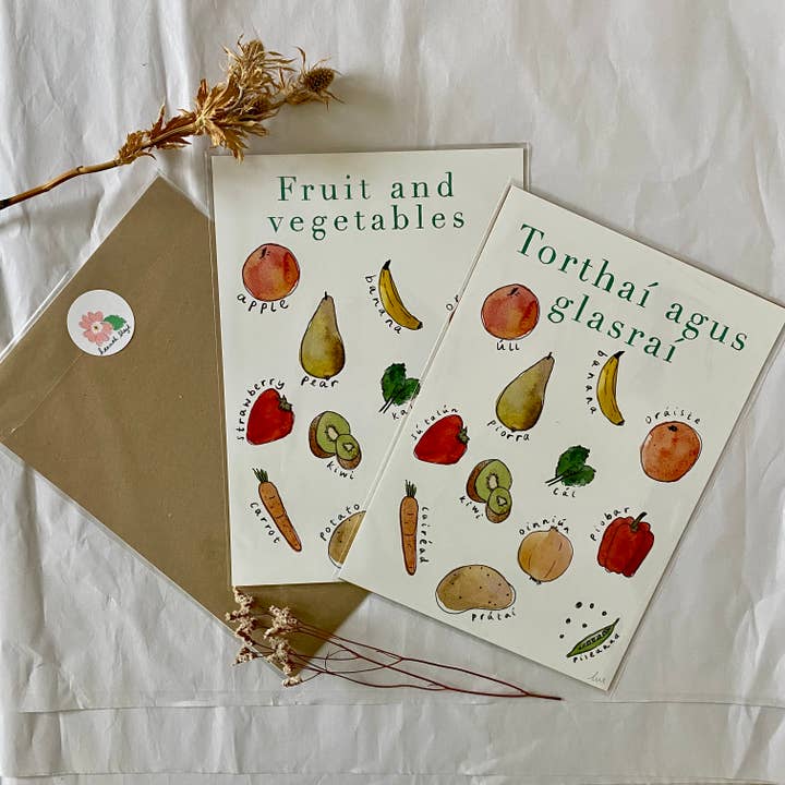 A3 Irish print – Fruits and Vegetables – Torthaí agus Glasra for wholesale by Hannah Lloyd Art