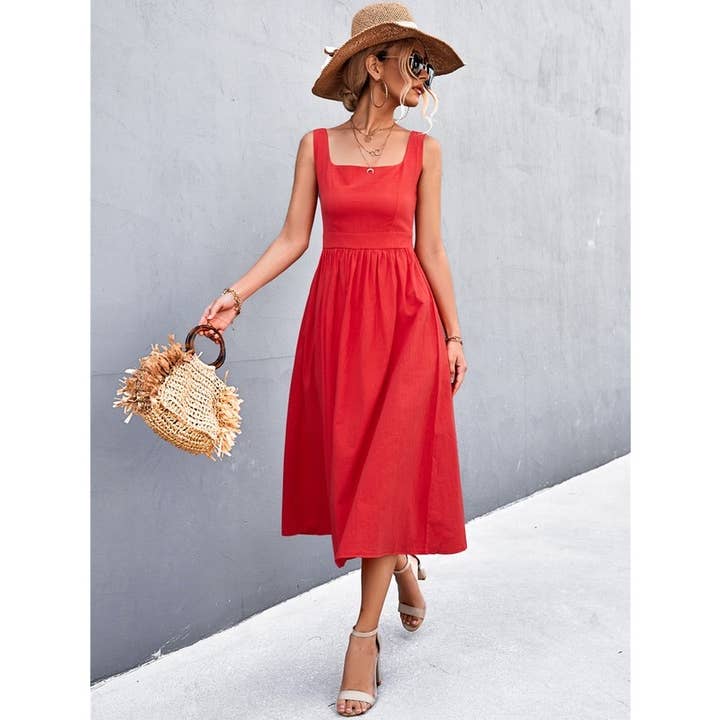 SLEEVELESS SOLID MIDI DRESS BACK SMOCKING DETAIL for wholesale by Mapcie