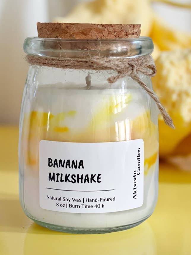 Banana Milkshake 8 oz - glass cozy jar for wholesale by Akivodu Candles