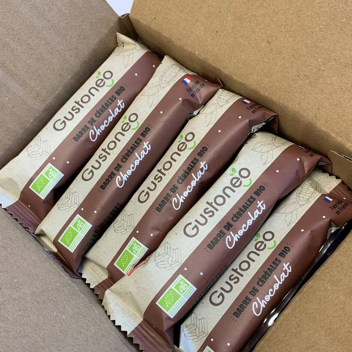 Biologische mueslireep Chocolade, verpakking van 30 voor wholesale door GUSTONEO