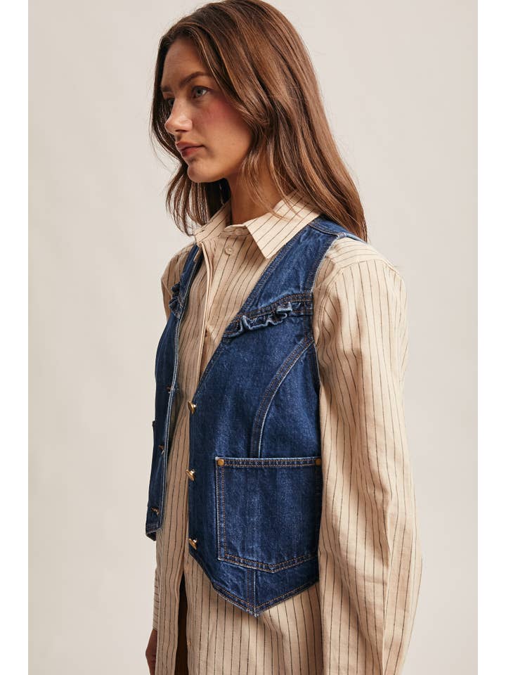 Blue Haze Ruffle Trim Denim Vest FVT0002 for wholesale on Faire4