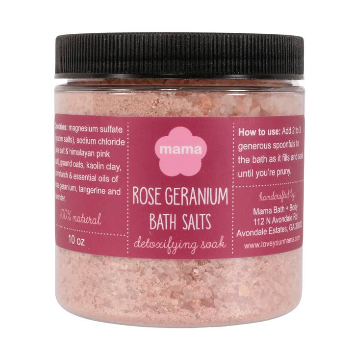 Rose geranium badzout voor wholesale door Mama Bath + Body