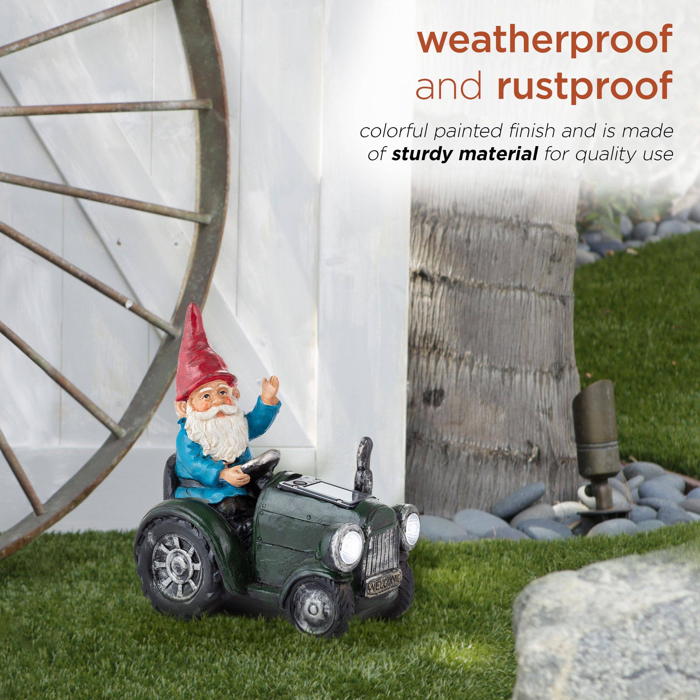 Alpine Corporation - Wholesale Garden Gnome - Solar Green Tractor Riding Gnome with Cool White LED Lights4