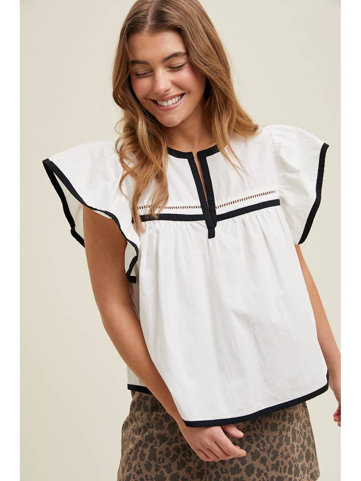 CONTRAST RUFFLE SLEEVE BLOUSE / WL25-10754 for wholesale by Wishlist Apparel