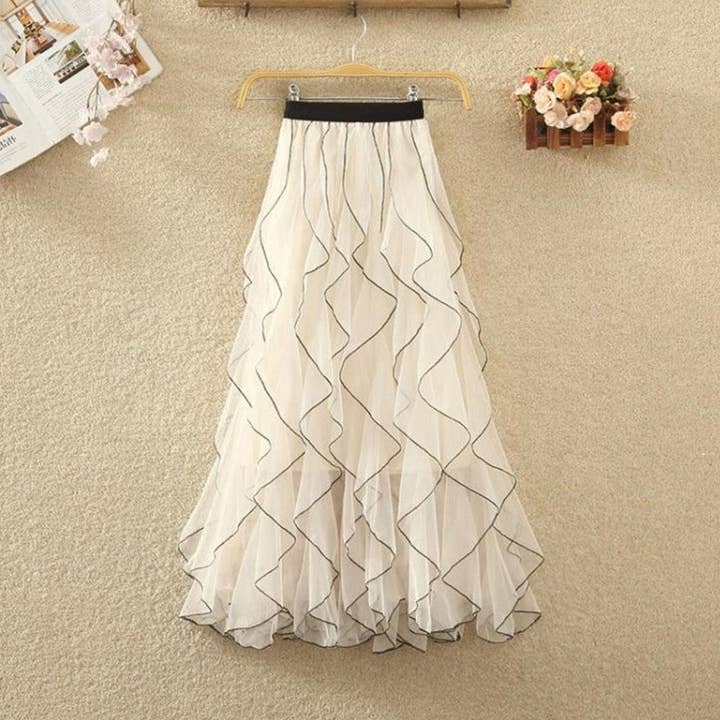 Gonna alla moda in tulle a rete di media lunghezza ondulata per la vendita all'ingrosso da parte di Sheer Trend