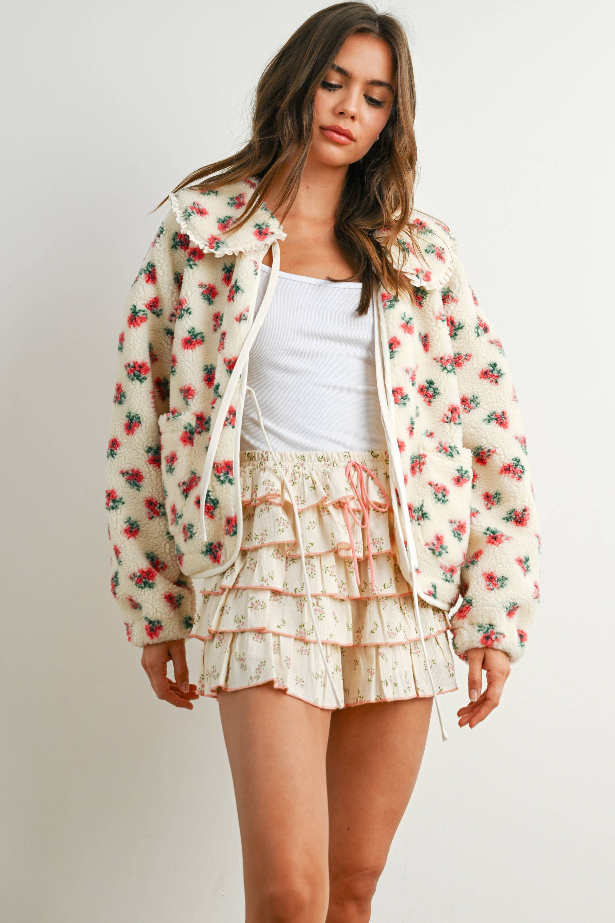 BUTTERMELON - Wholesale Jacket - Women's - Floral Puffy Tie-Front Long Sleeve Jacket - BMJ784110