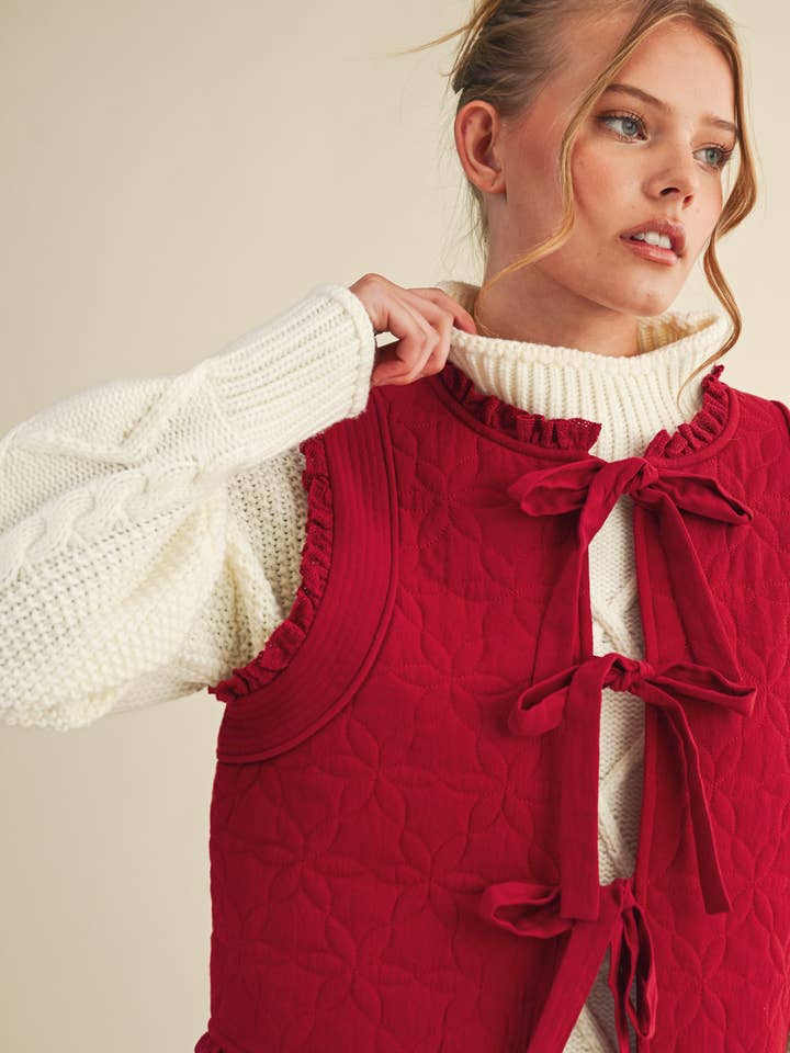 &MERCI - Wholesale Outerwear Vest - Women's - FLORAL QUILTED LACE TRIM BOW TYING VEST MJK411318