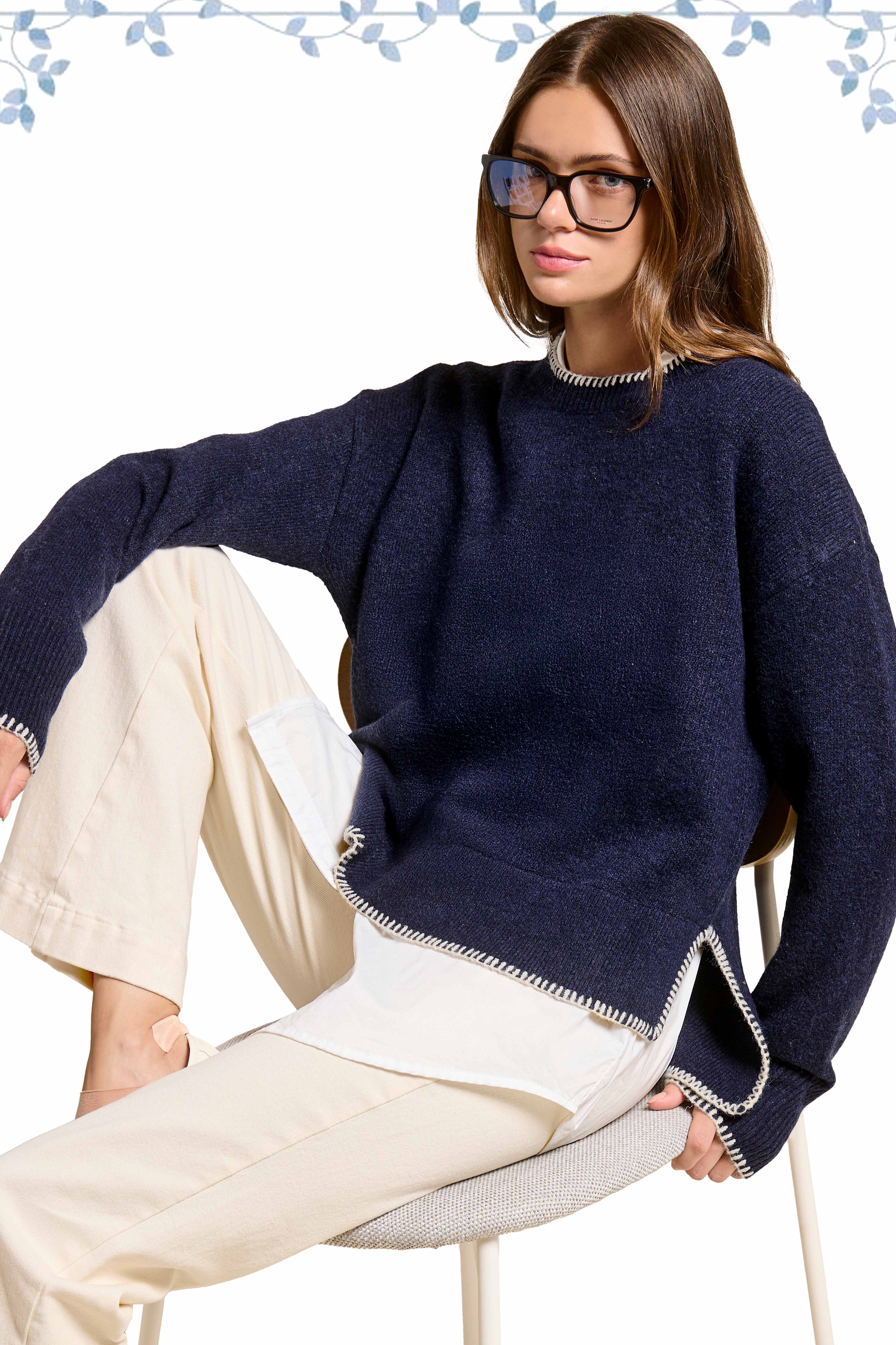 La Miel - Wholesale Knit Sweater - Women's - JDS3607-Hi-Low Crew Neck Sweater W/ Contrast Blanket Stitch37