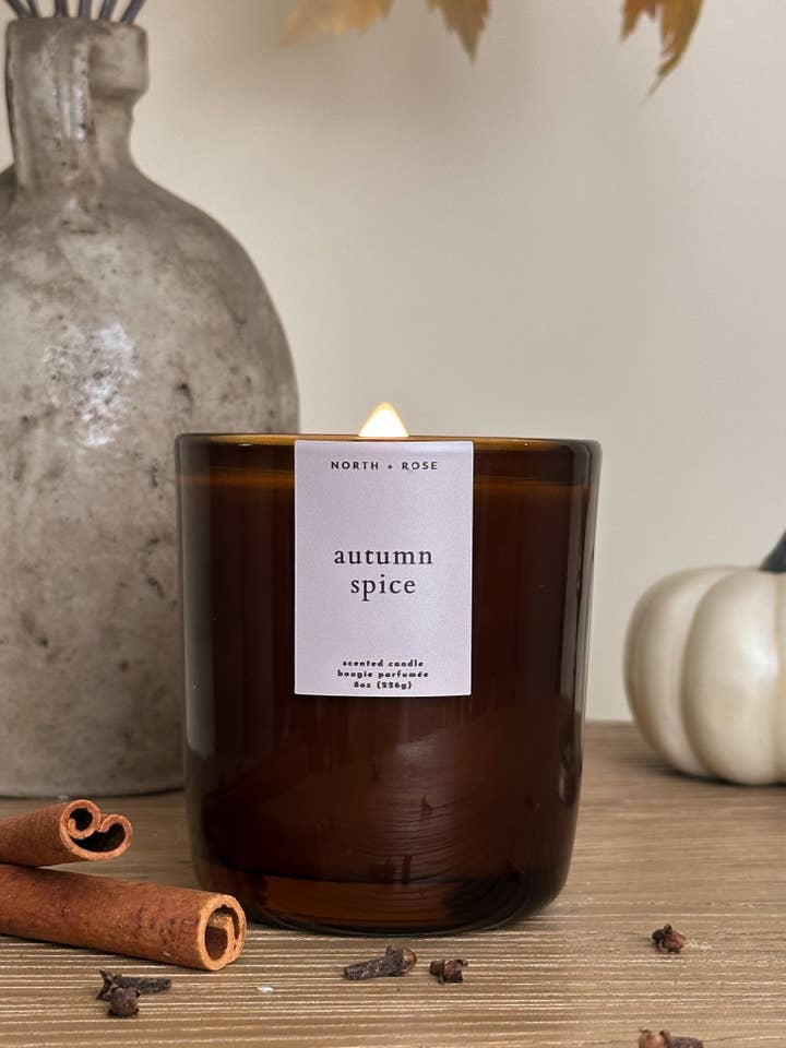 8oz Autumn Spice Fall Soy Wax Wood Wick Candle for wholesale by North + Rose