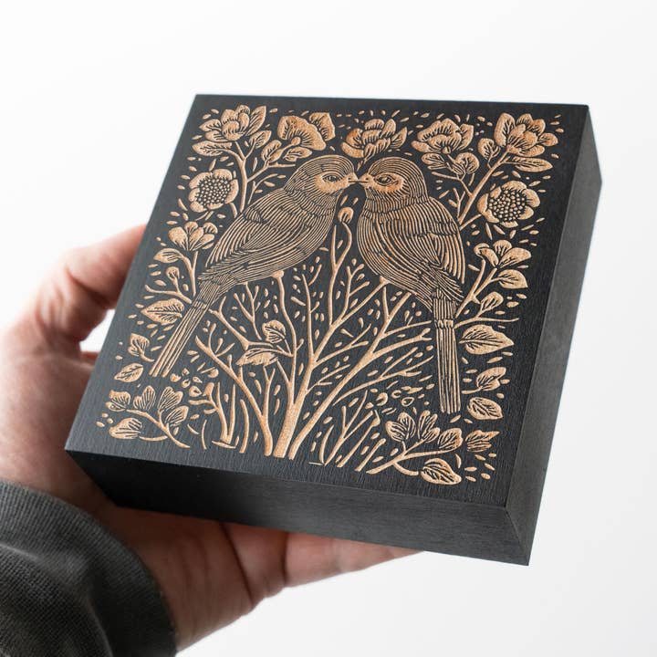Lovebirds Engraved Birch Wood Panel for wholesale by Benoit's Design Co.