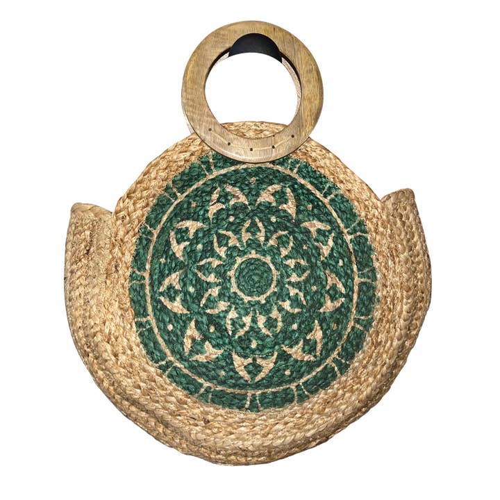 Chloe & Lex - Vente Tote bag – femme - Sac cabas rond en jute avec poignée en bois, motif mandala vert1