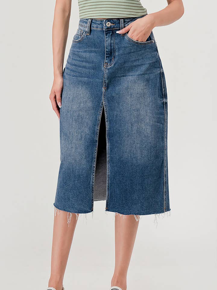M6376SK - Medium Wash - Mid Length Denim Skirt w/ Front Slit for wholesale by I&M JEAN, INC.