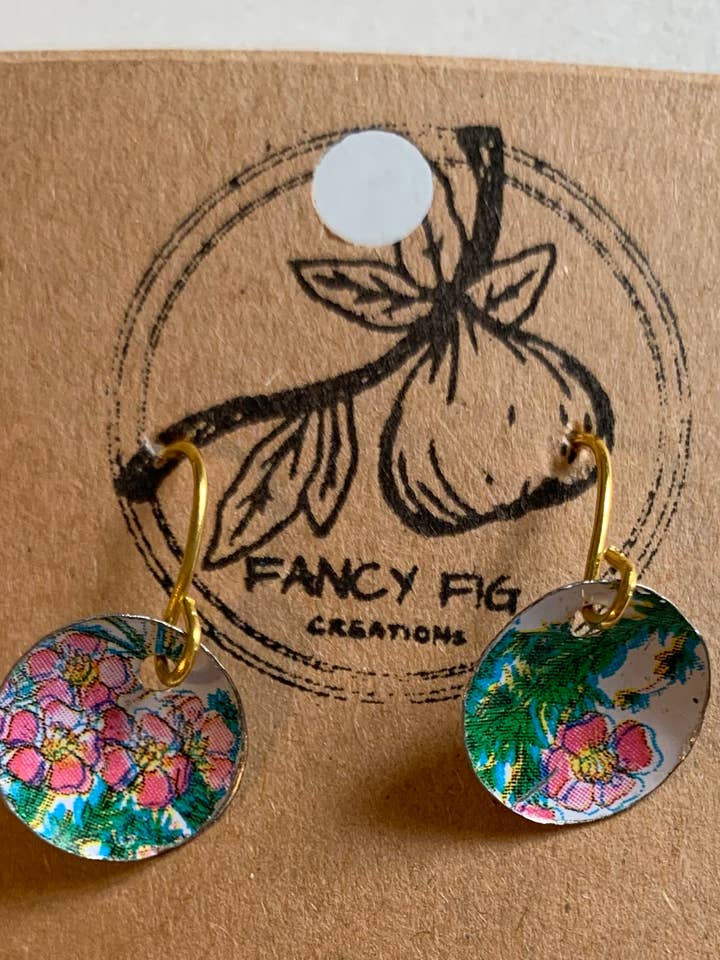 Pink and Green Floral Tin Earrings for wholesale by Fancy Fig Creations
