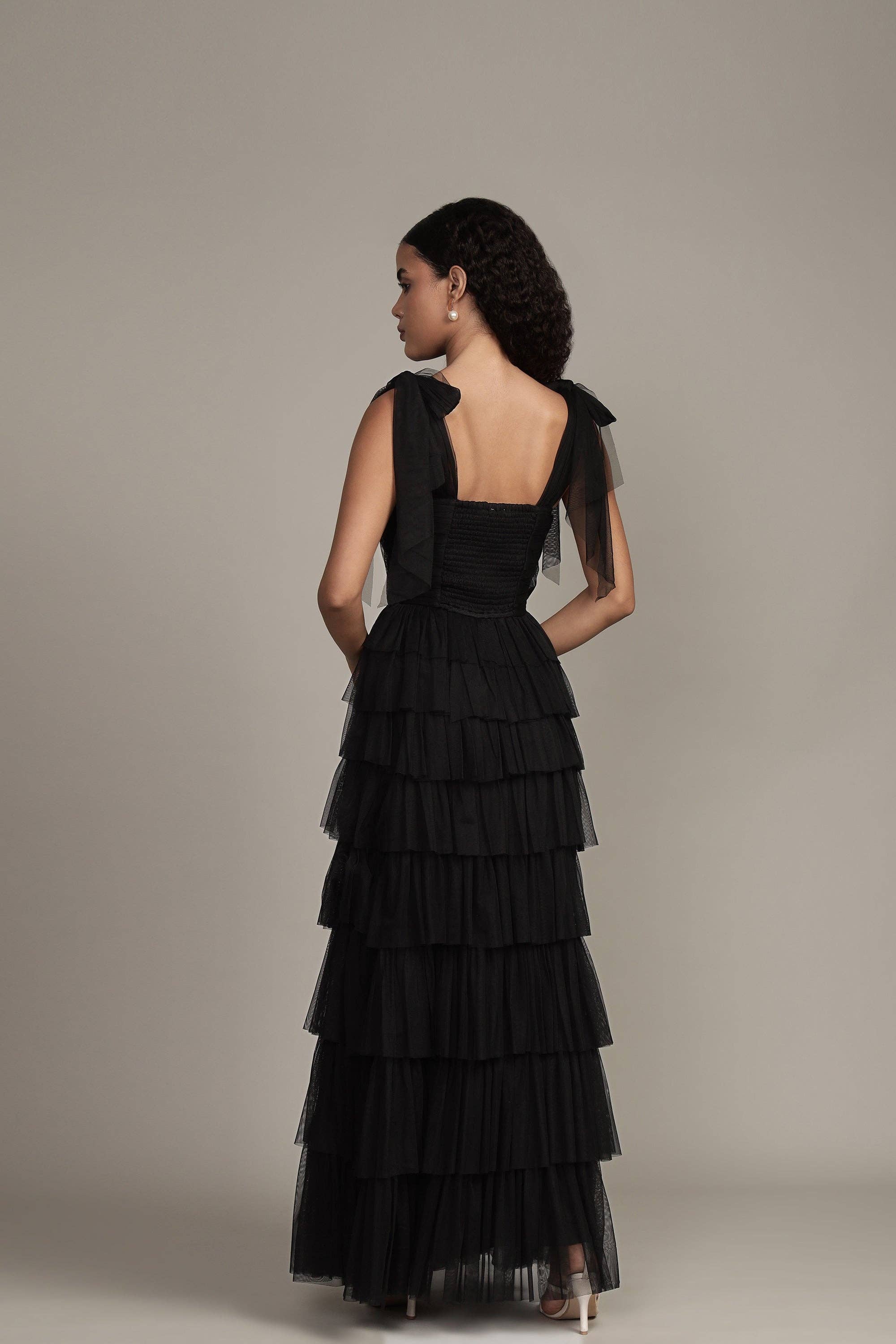 Ophelia Tulle Maxi Dress with Tie Detail in Black for wholesale on Faire4