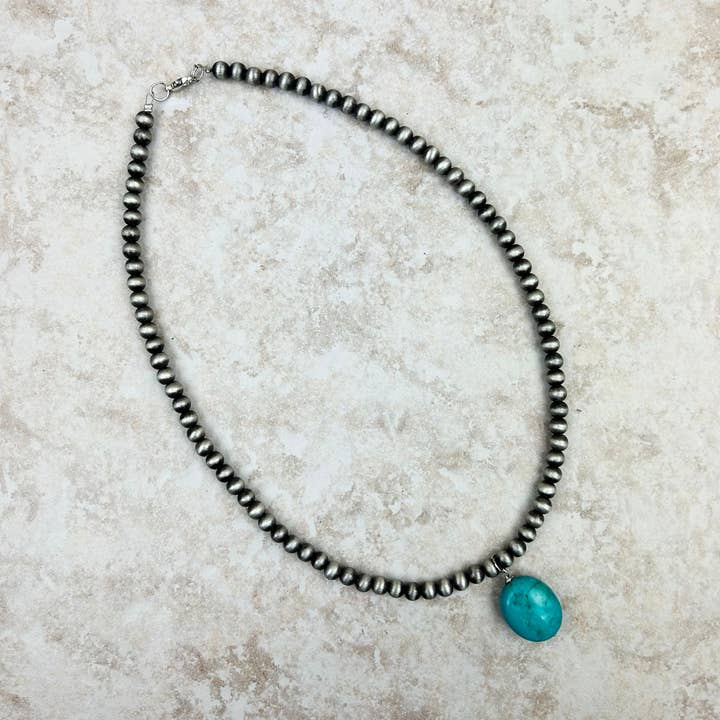 NKS230708-03-SILVER "18 Inches long 6mm silver Navajo pearl beads with green oval turquoise Necklace" for wholesale by Western Elite Jewelry