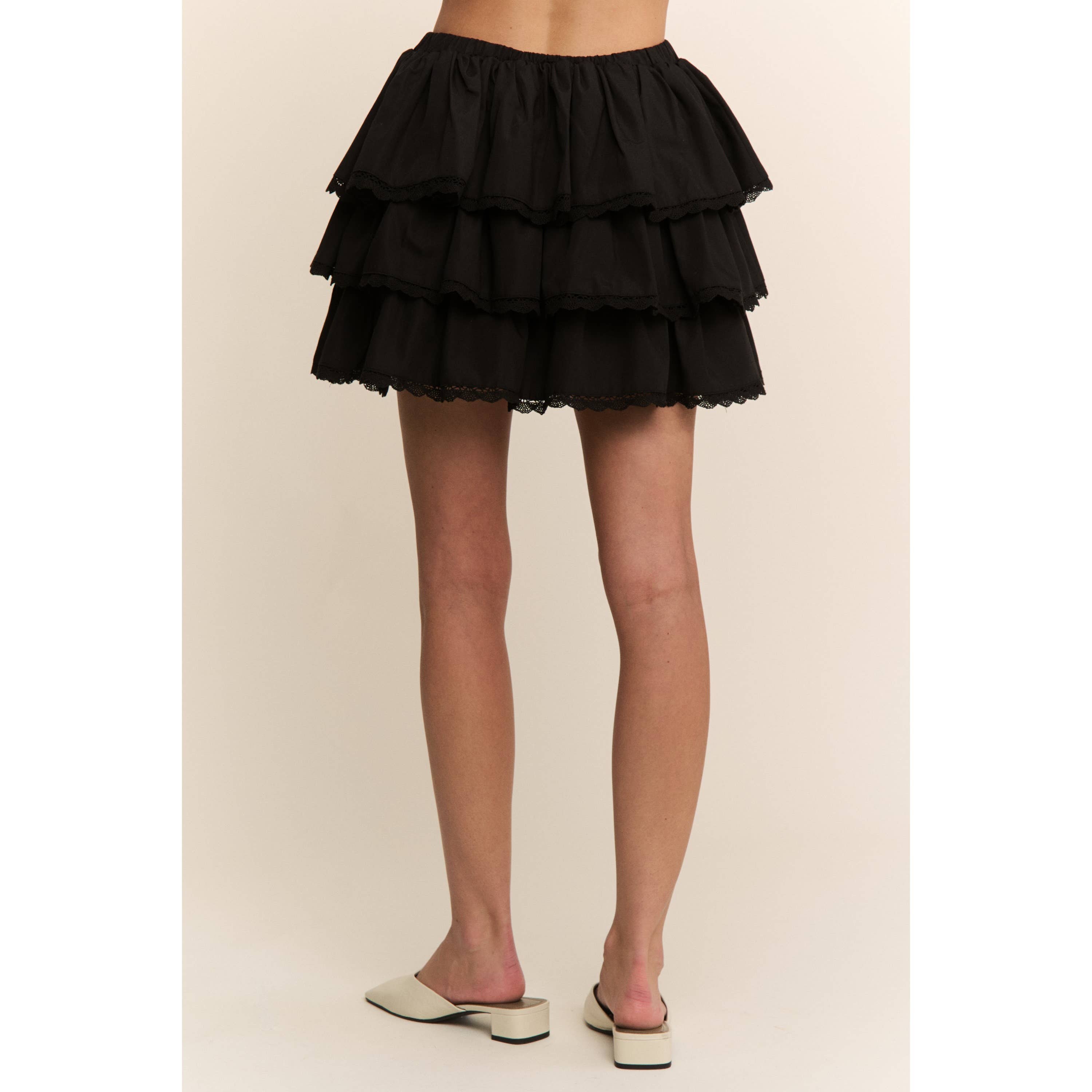 Black WESTERN SOLID MINI TIERED SHIRRING SKIRT SKORT for wholesale on Faire11